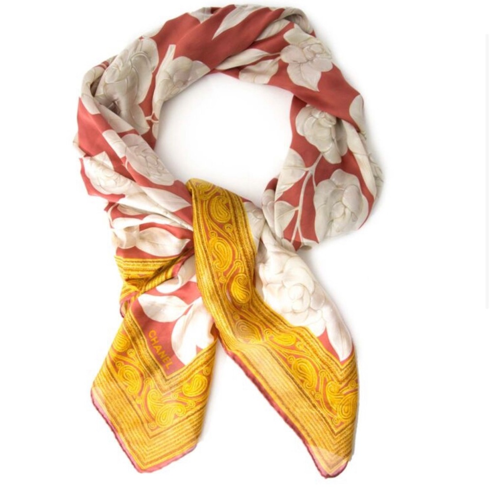 Authentic Chanel Rust & Gold Silk White Flower Scarf